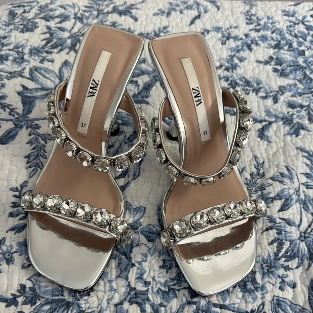 Zara Silver Metallic Jeweled Heels
